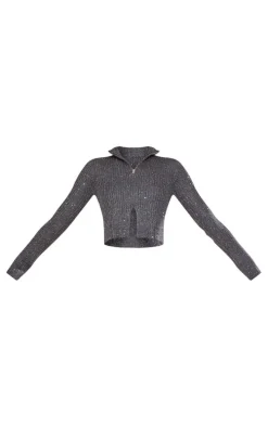 Charcoal Sequin Knitted Double Zip Sweater