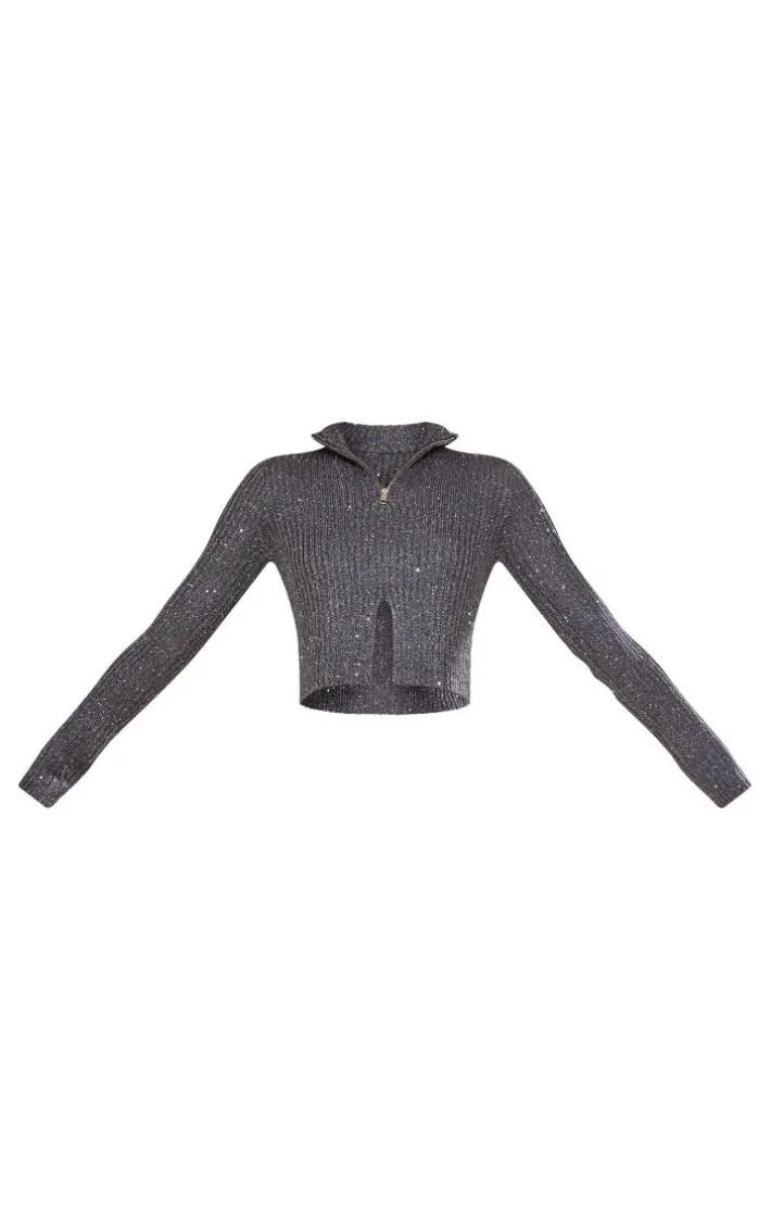 Charcoal Sequin Knitted Double Zip Sweater