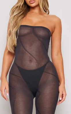 Charcoal Sheer Knit Line Detail Bandeau Jumpsuit