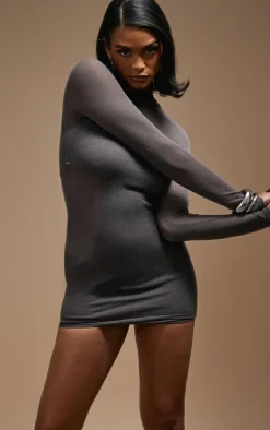 Charcoal Sheer Knit Racer Lined Long Sleeve Dress