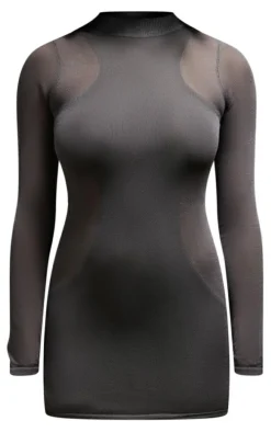 Charcoal Sheer Knit Racer Lined Long Sleeve Dress