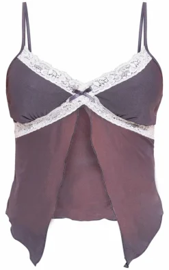 Charcoal Sheer Mesh Hanky Hem Lace Trim Cami Top