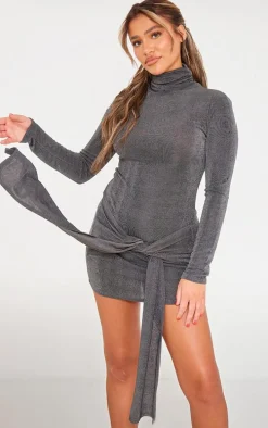 Charcoal Slinky Acetate High Neck Tie Front Long Sleeve Mini Dress