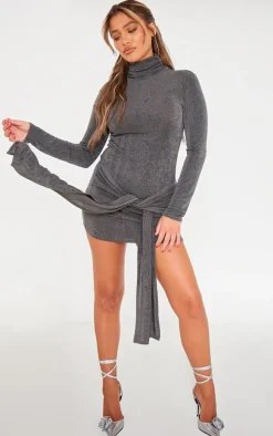 Charcoal Slinky Acetate High Neck Tie Front Long Sleeve Mini Dress