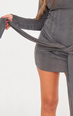 Charcoal Slinky Acetate High Neck Tie Front Long Sleeve Mini Dress