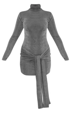 Charcoal Slinky Acetate High Neck Tie Front Long Sleeve Mini Dress