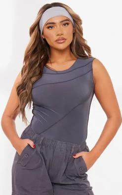 Charcoal Slinky Exposed Seam Sleeveless Bodysuit