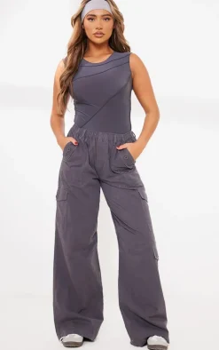 Charcoal Slinky Exposed Seam Sleeveless Bodysuit