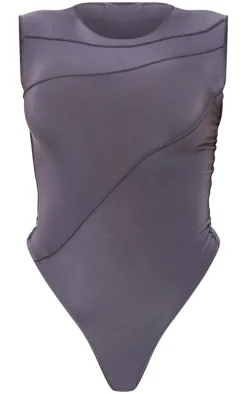 Charcoal Slinky Exposed Seam Sleeveless Bodysuit