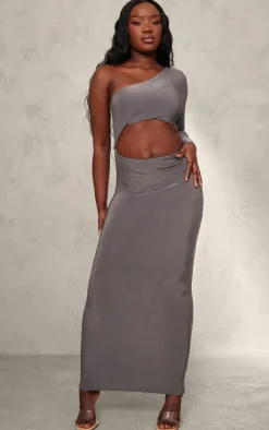 Charcoal Slinky One Shoulder Cut Out Midaxi Dress