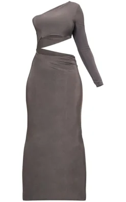 Charcoal Slinky One Shoulder Cut Out Midaxi Dress