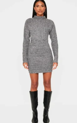 Charcoal Slouchy Ruched Detail High Neck Bodycon Dress