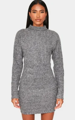 Charcoal Slouchy Ruched Detail High Neck Bodycon Dress