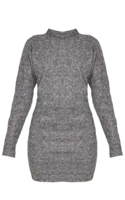 Charcoal Slouchy Ruched Detail High Neck Bodycon Dress