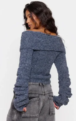 Charcoal Soft Bobble Knit Bardot Foldover Top