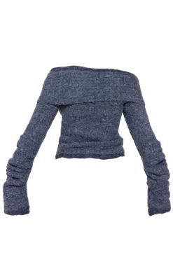 Charcoal Soft Bobble Knit Bardot Foldover Top