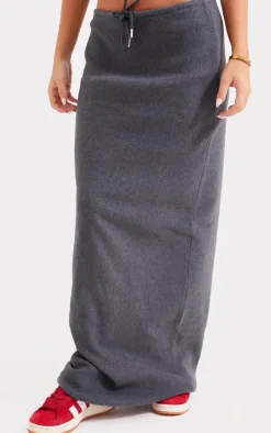 Charcoal Soft Brushed Rib Drawstring Waist Maxi Skirt