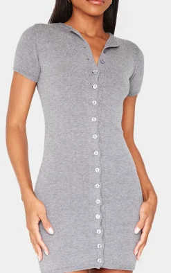 Charcoal Soft Knit Button Through Mini Dress