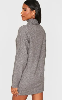 Charcoal Soft Knit Roll Neck Oversized Seam Detail Sweater Dress