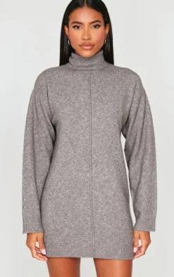 Charcoal Soft Knit Roll Neck Oversized Seam Detail Sweater Dress