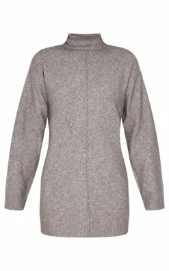 Charcoal Soft Knit Roll Neck Oversized Seam Detail Sweater Dress