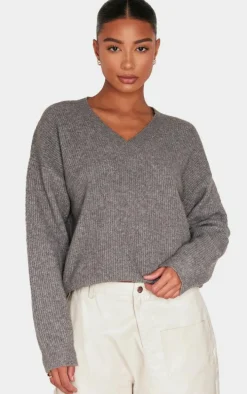 Charcoal Soft Knit V Neck Oversized Sweater