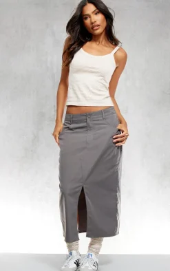 Charcoal Soft Peached Woven Split Front Midi Skirt