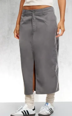 Charcoal Soft Peached Woven Split Front Midi Skirt