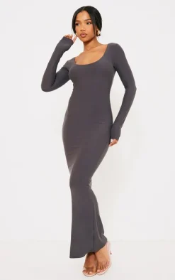Charcoal Soft Touch Scoop Neck Long Sleeve Midaxi Dress