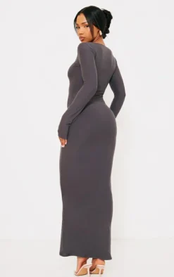 Charcoal Soft Touch Scoop Neck Long Sleeve Midaxi Dress