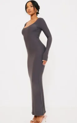 Charcoal Soft Touch Scoop Neck Long Sleeve Midaxi Dress