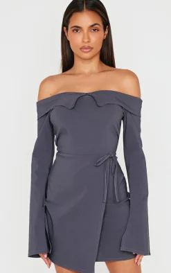 Charcoal Stretch Woven Fold Bardot Wrap Dress