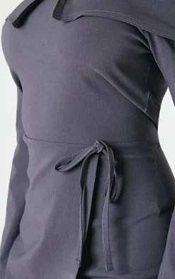 Charcoal Stretch Woven Fold Bardot Wrap Dress