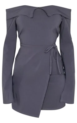 Charcoal Stretch Woven Fold Bardot Wrap Dress