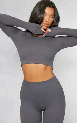 Charcoal Structured Snatched Ribbed Round Neck Long Sleeve Crop Top