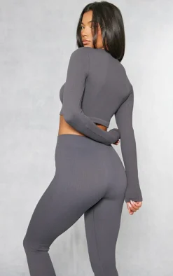 Charcoal Structured Snatched Ribbed Round Neck Long Sleeve Crop Top