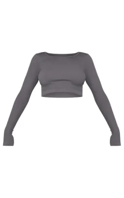 Charcoal Structured Snatched Ribbed Round Neck Long Sleeve Crop Top