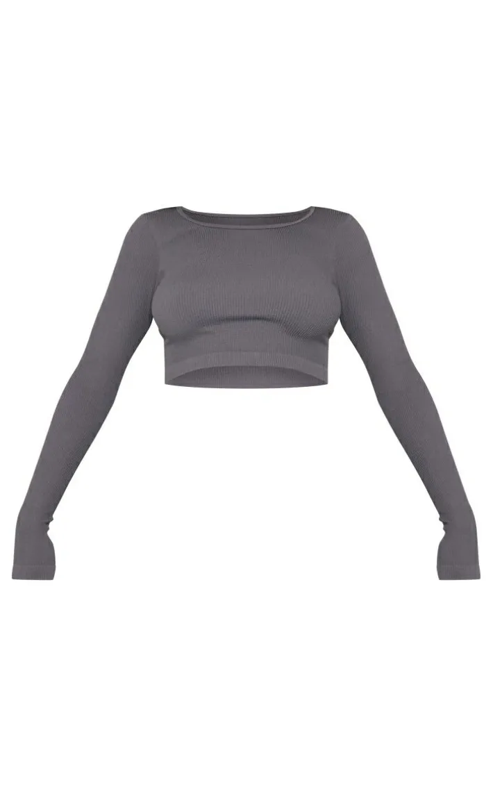 Charcoal Structured Snatched Ribbed Round Neck Long Sleeve Crop Top