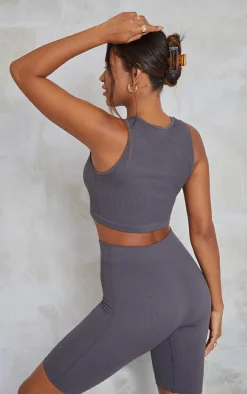 Charcoal Structured Snatched Rib Sleeveless Crop Top