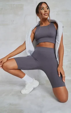 Charcoal Structured Snatched Rib Sleeveless Crop Top