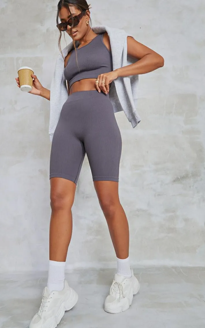 Charcoal Structured Snatched Rib Bike Shorts