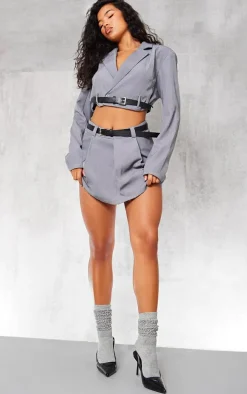 Charcoal Tailored Belted Pleated Mid Rise Micro Mini Skirt