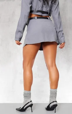 Charcoal Tailored Belted Pleated Mid Rise Micro Mini Skirt