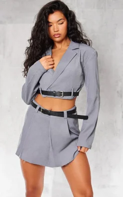 Charcoal Tailored Belted Pleated Mid Rise Micro Mini Skirt