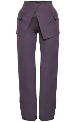 Charcoal Tailored Skirt Overlay Straight Leg Pants