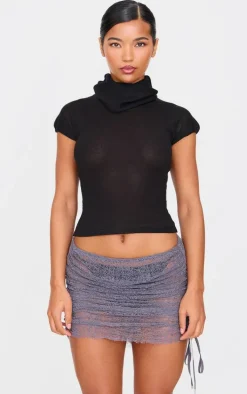 Charcoal Textured Lace Ruched Mini Skirt