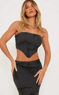 Charcoal Tie Dye Rib Knit Bandeau Crop Top