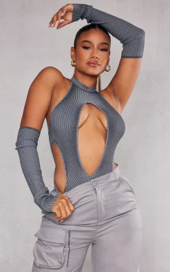 Charcoal Two Tone Knit Cut Out Bodysuit With Sleeves