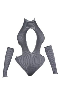 Charcoal Two Tone Knit Cut Out Bodysuit With Sleeves