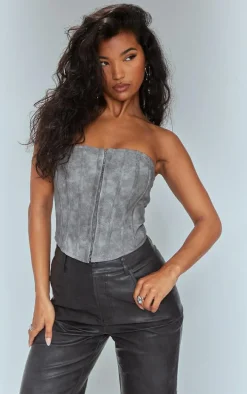 Charcoal Washed Faux Leather Hook And Eye Structured Corset